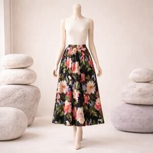 Vintage Floral 100% Wool Bohemian Midi Skirt Size 10